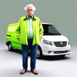 Create an image featuring a short elderly male with medium white hair, wearing a lime green high visibility jacket and glasses, standing and shrugging