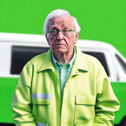 Create an image featuring a short elderly male with medium white hair, wearing a lime green high visibility jacket and glasses, standing and shrugging