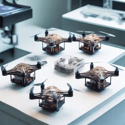 A high-tech scene featuring multiple 3D printers in action, each printing parts of a drone