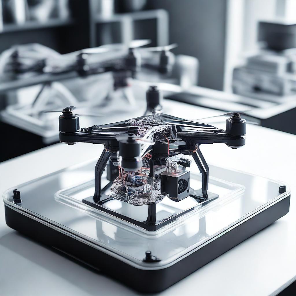 A high-tech scene featuring multiple 3D printers in action, each printing parts of a drone