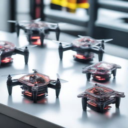 A high-tech scene featuring multiple 3D printers in action, each printing parts of a drone