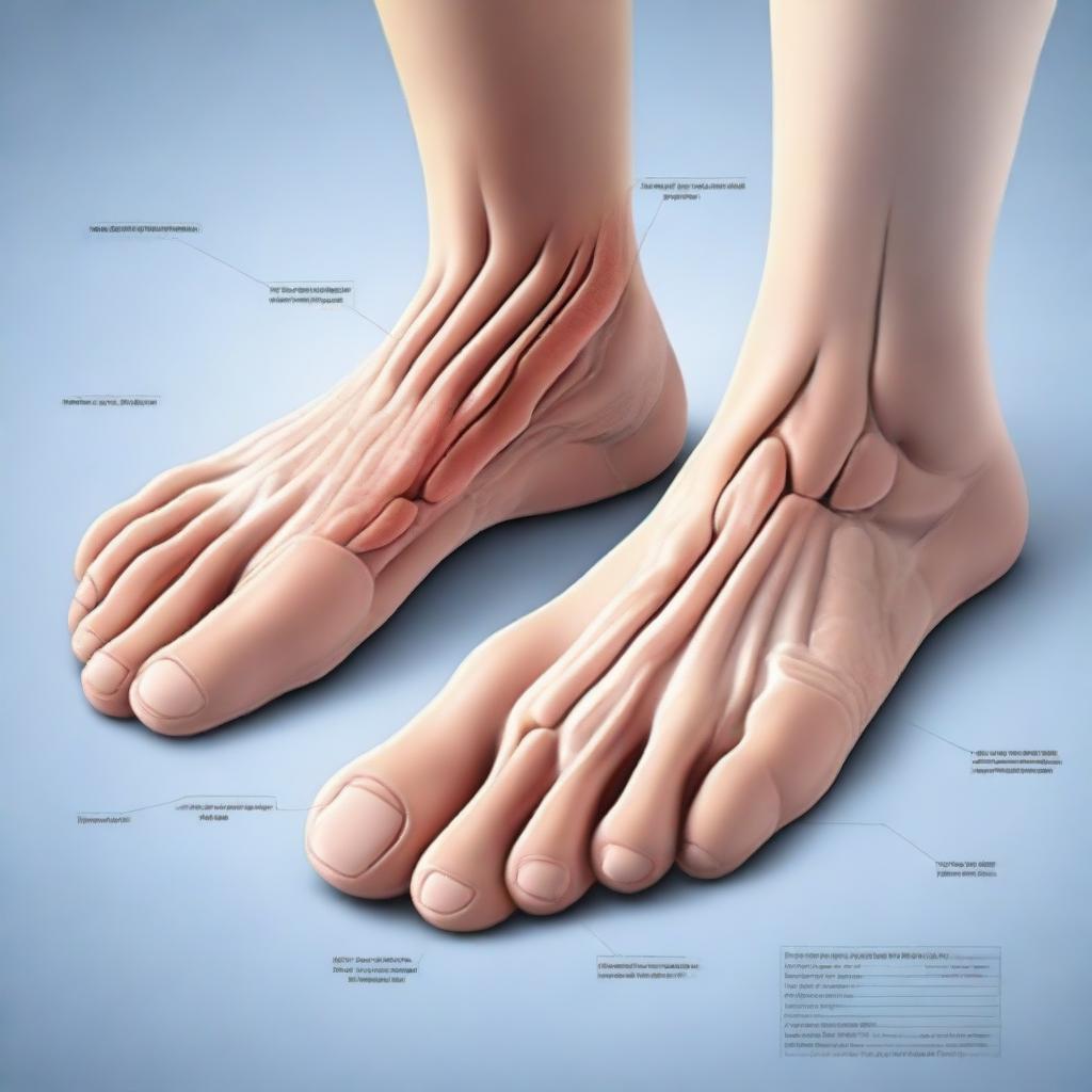 A detailed illustration of human feet, showing the structure, skin texture, and toes in a realistic style