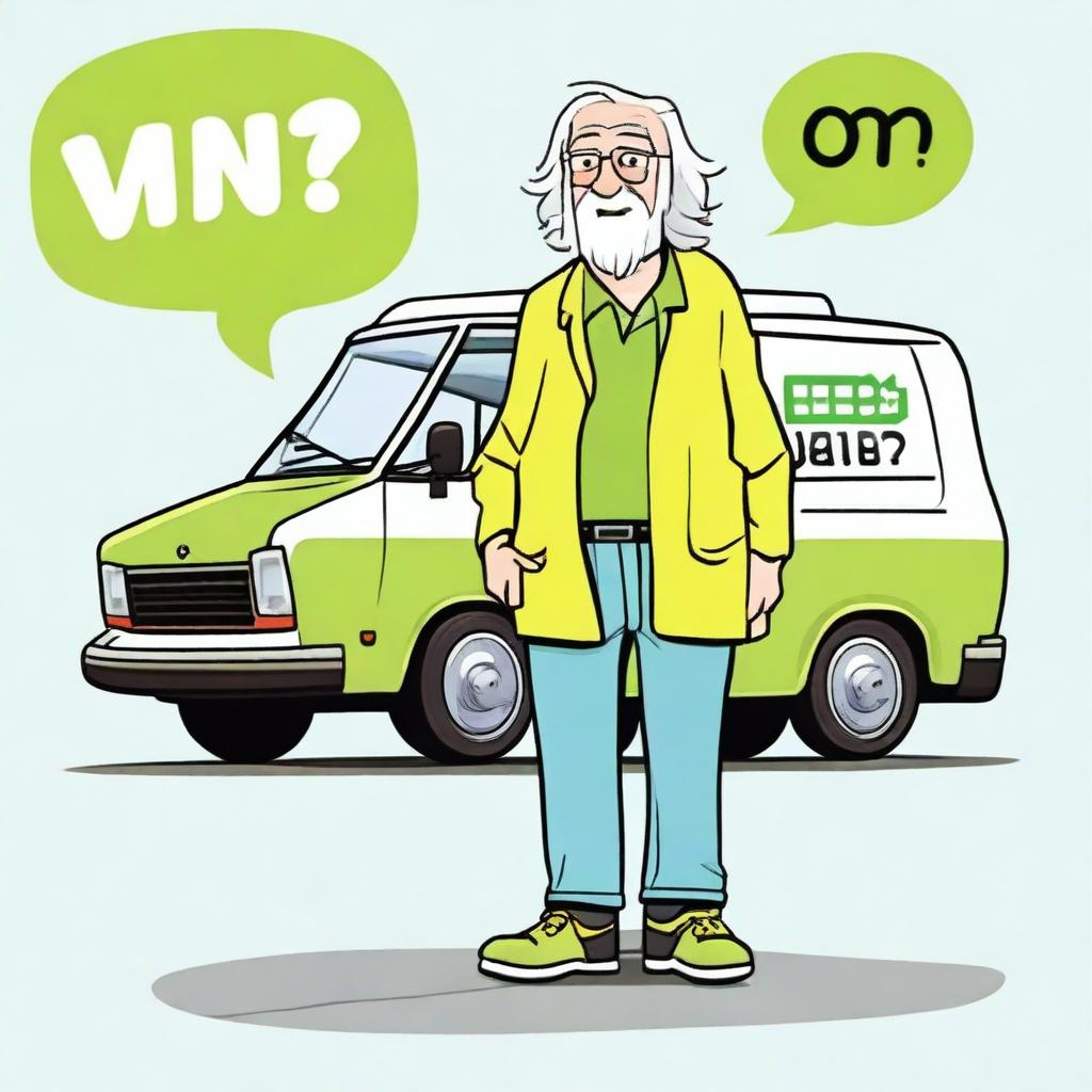 Create an image featuring a short elderly male with long white hair, wearing a lime green high visibility jacket and glasses