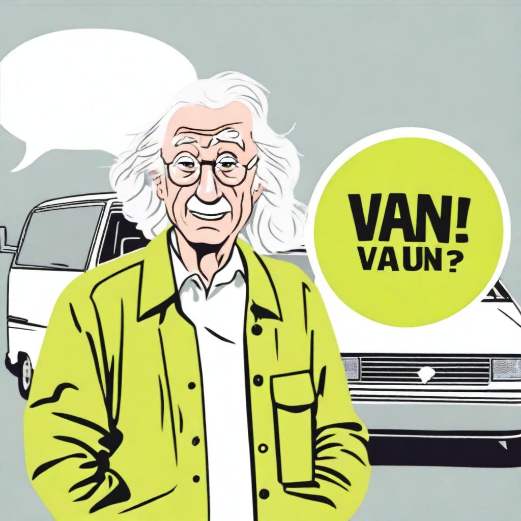 Create an image featuring a short elderly male with long white hair, wearing a lime green high visibility jacket and glasses