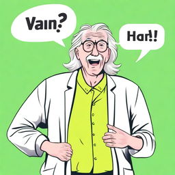 Create an image featuring a short elderly male with long white hair, wearing a lime green high visibility jacket and glasses