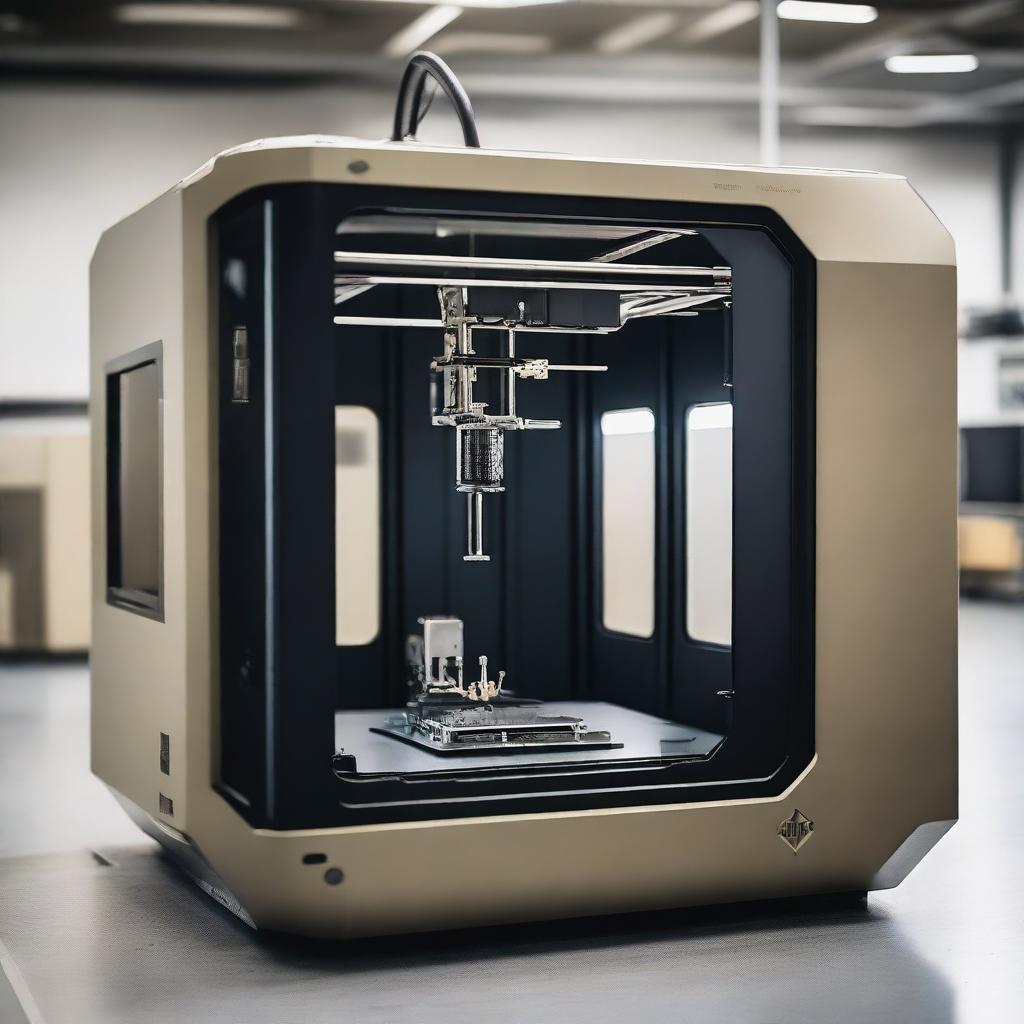 A high-tech 3D printer designed for military use, featuring robust and durable construction with a sleek, industrial design