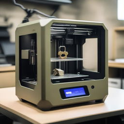 A high-tech 3D printer designed for military use, featuring robust and durable construction with a sleek, industrial design