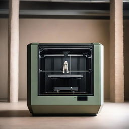 A high-tech 3D printer designed for military use, featuring robust and durable construction with a sleek, industrial design