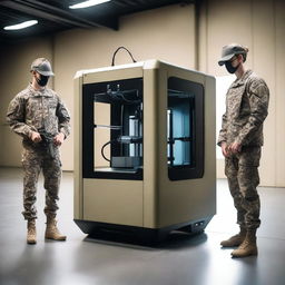 A high-tech 3D printer designed for military use, featuring robust and durable construction with a sleek, industrial design