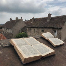 A quaint, old village rooftop teeming with numerous open books, their pages caught in a gentle wind, seemingly dancing.