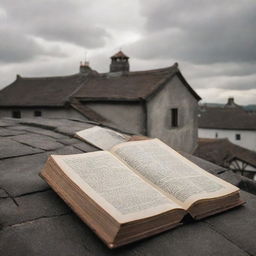 A quaint, old village rooftop teeming with numerous open books, their pages caught in a gentle wind, seemingly dancing.