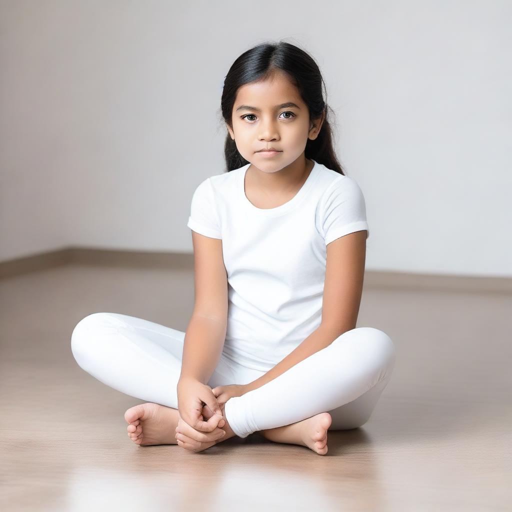 A young girl wearing white leggings sitting down with both legs apart