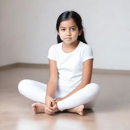 A young girl wearing white leggings sitting down with both legs apart