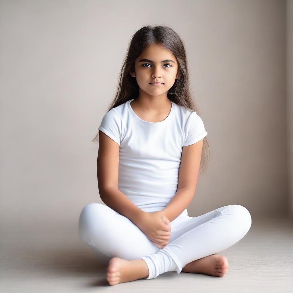 A young girl wearing white leggings sitting down with both legs apart