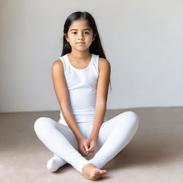 A young girl wearing white leggings sitting down with both legs apart