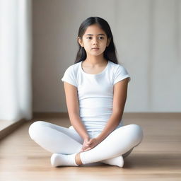 A young girl wearing white leggings sitting down with both legs apart