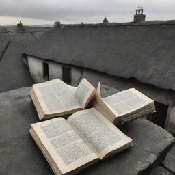 A quaint, old village rooftop teeming with numerous open books, their pages caught in a gentle wind, seemingly dancing.