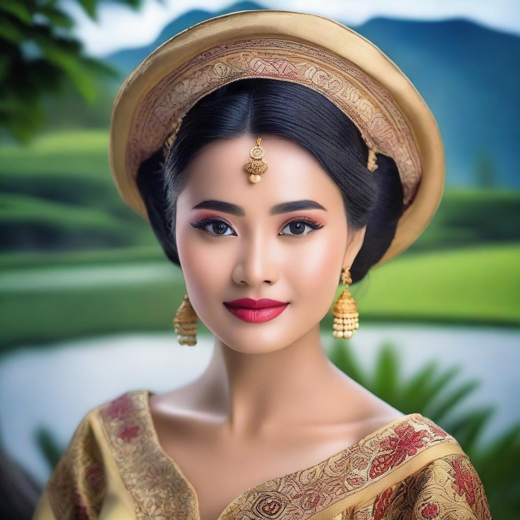 A beautiful Indonesian woman with traditional facial features, wearing elegant attire