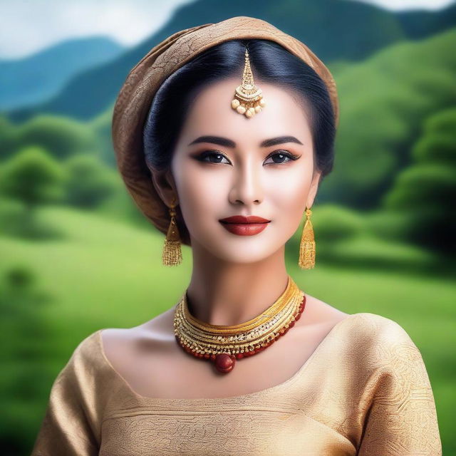 A beautiful Indonesian woman with traditional facial features, wearing elegant attire