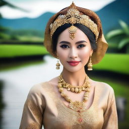 A beautiful Indonesian woman with traditional facial features, wearing elegant attire