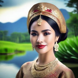 A beautiful Indonesian woman with traditional facial features, wearing elegant attire