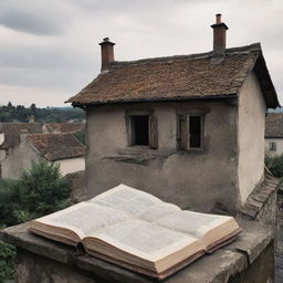 A quaint, old village rooftop teeming with numerous open books, their pages caught in a gentle wind, seemingly dancing.