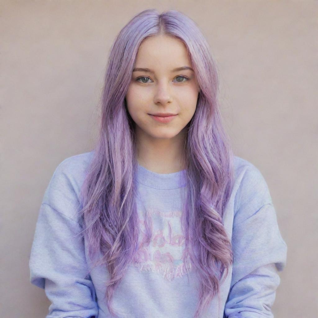 A teenage girl with long, lilac-colored hair, casually dressed with a distinct, youthful style.