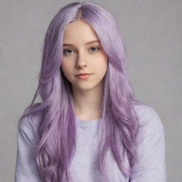 A teenage girl with long, lilac-colored hair, casually dressed with a distinct, youthful style.