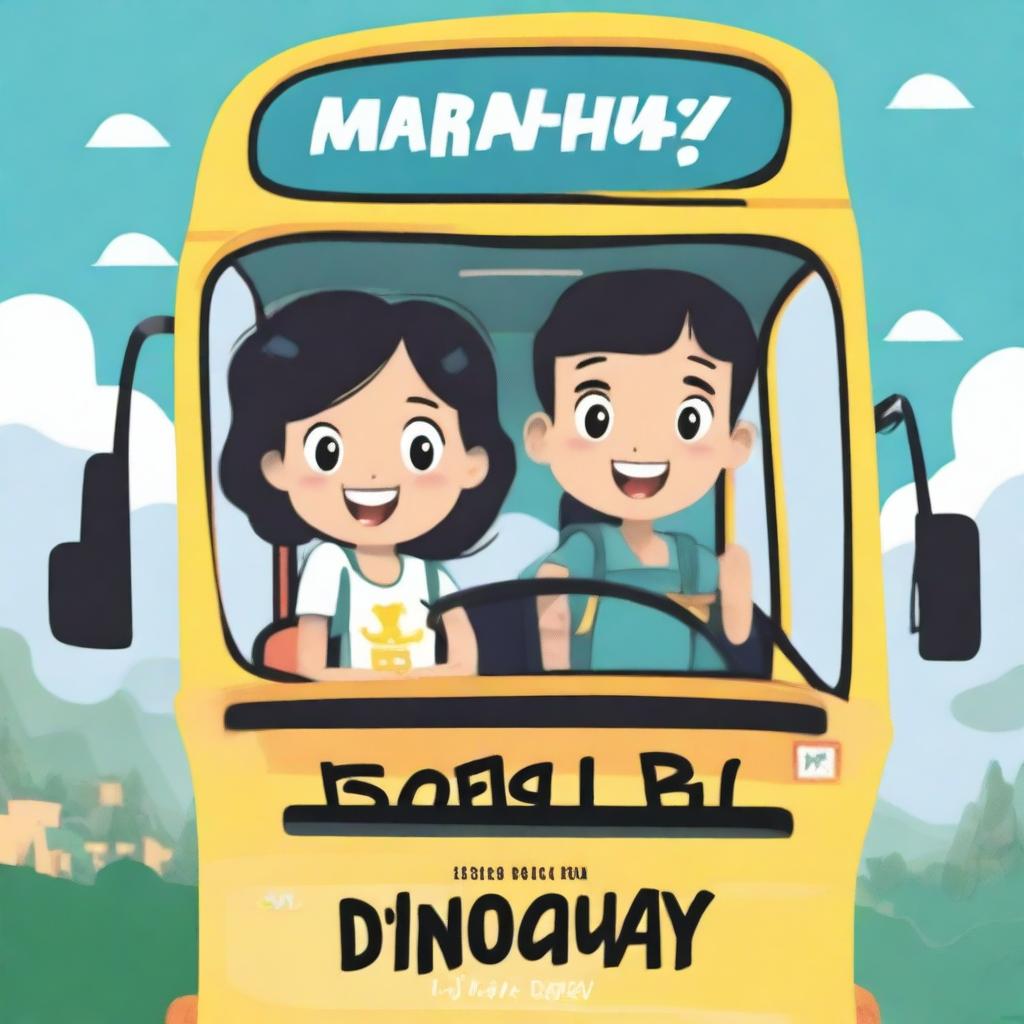 A cartoon image of a young boy and girl riding a school bus