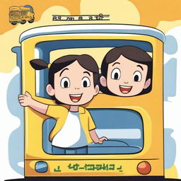 A cartoon image of a young boy and girl riding a school bus