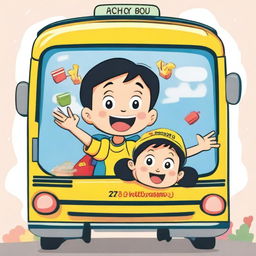 A cartoon image of a young boy and girl riding a school bus