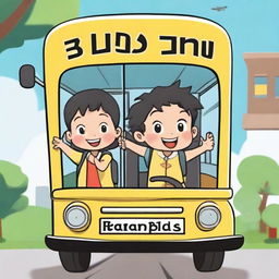 A cartoon image of a young boy and girl riding a school bus