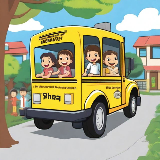 A 2D cartoon image of elementary school children riding a school bus