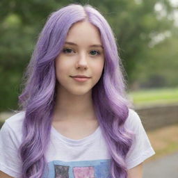 A teenage girl with long, lilac-colored hair, casually dressed with a distinct, youthful style.