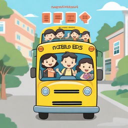 A 2D cartoon image of elementary school children riding a school bus