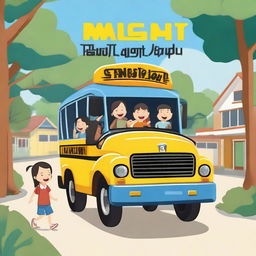 A 2D cartoon image of elementary school children riding a school bus