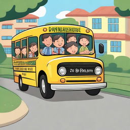 A 2D cartoon image of elementary school children riding a school bus