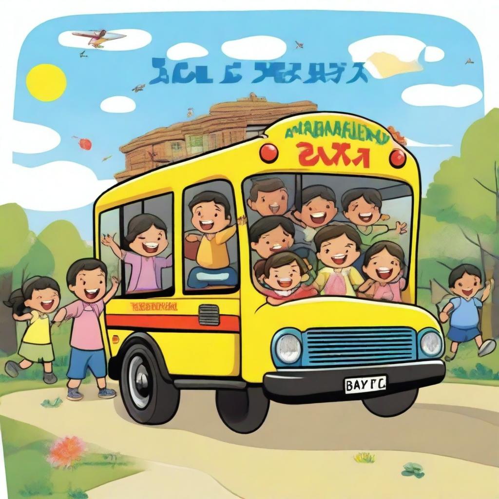 A 2D cartoon image of elementary school children, boys and girls, riding a school bus