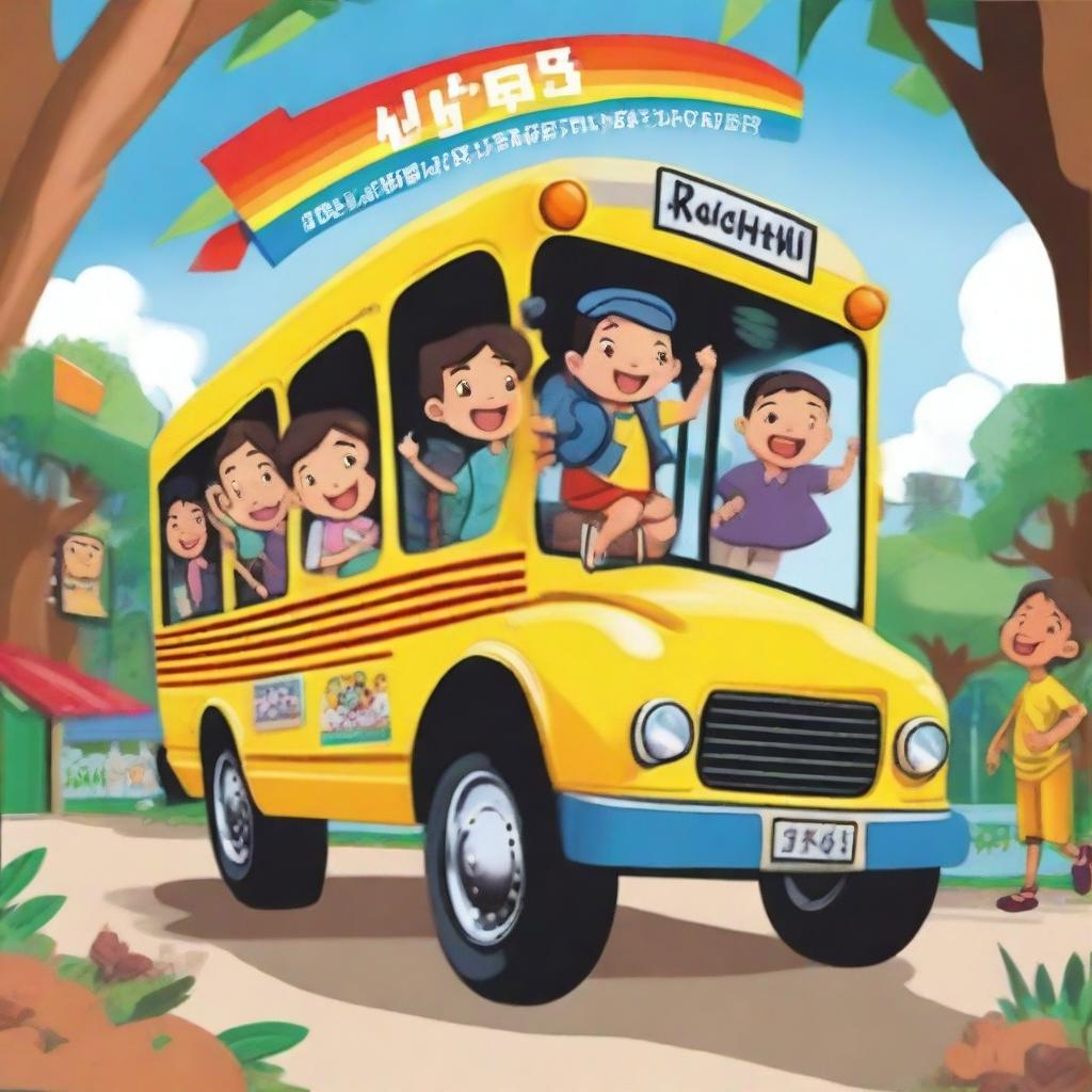 A 2D cartoon image of elementary school children, boys and girls, riding a school bus