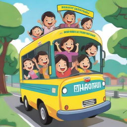 A 2D cartoon image of elementary school children, boys and girls, riding a school bus