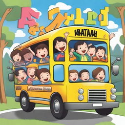 A 2D cartoon image of elementary school children, boys and girls, riding a school bus