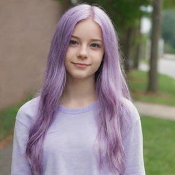 A teenage girl with long, lilac-colored hair, casually dressed with a distinct, youthful style.