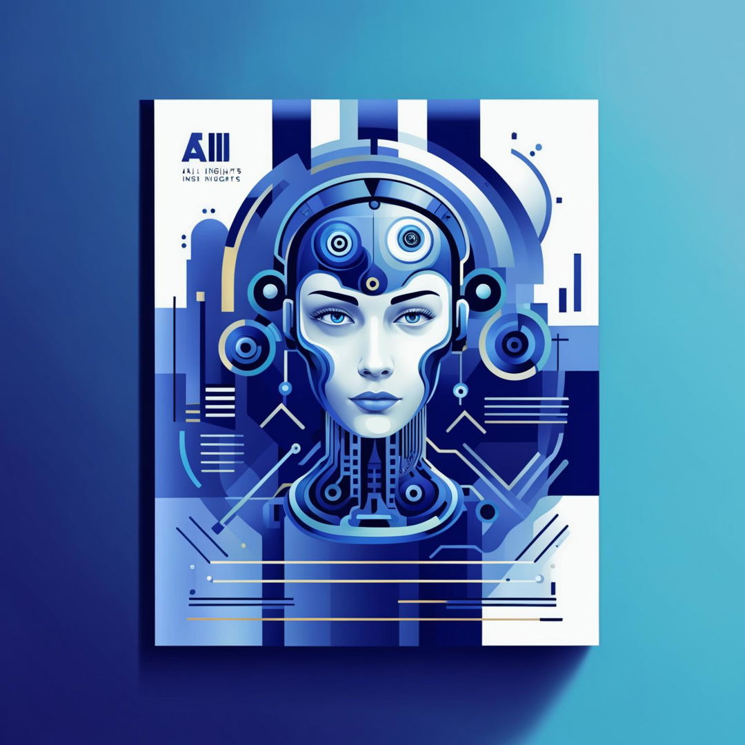 Create a modern, sleek cover for an AI newsletter titled 'AI Insights,' featuring a professional color palette, technological graphic elements, and an image of a humanoid robot or abstract AI representation