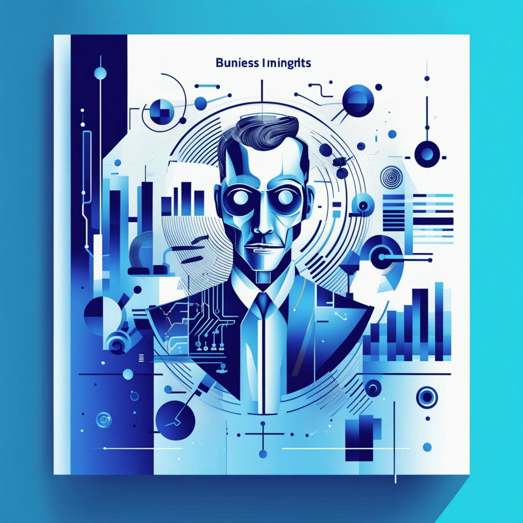 Create a modern, sleek cover for an AI newsletter titled 'AI Business Insights,' featuring a professional color palette, technological and business graphic elements, and an image of a humanoid robot or abstract AI representation