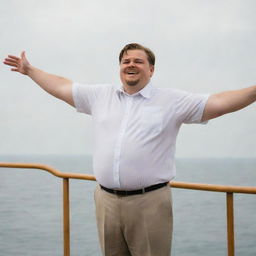 A jovial, overweight man reenacting Leonardo DiCaprio's famous bow scene from the Titanic movie, standing confidently on the bow of the Titanic ship.