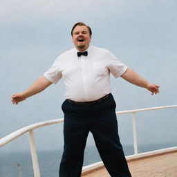 A jovial, overweight man reenacting Leonardo DiCaprio's famous bow scene from the Titanic movie, standing confidently on the bow of the Titanic ship.