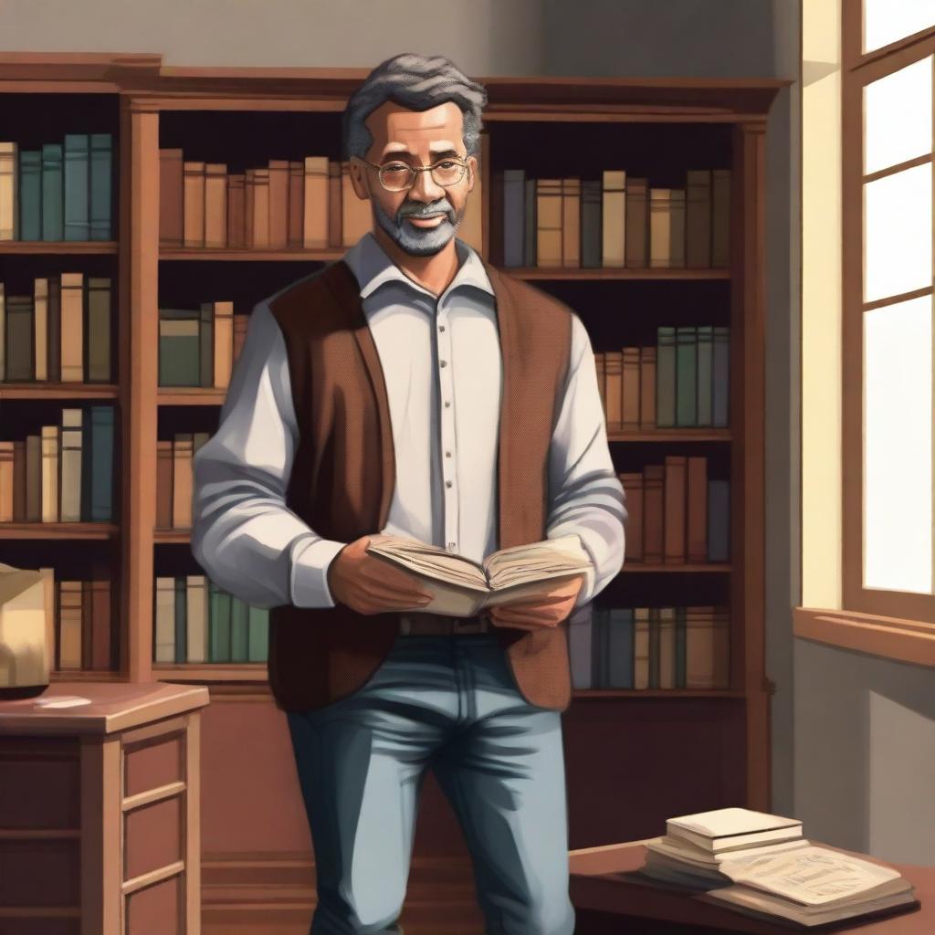 A man standing and holding books, depicted in a realistic style