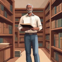 A man standing and holding books, depicted in a realistic style