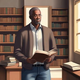 A man standing and holding books, depicted in a realistic style