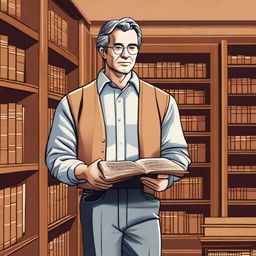 A man standing and holding books, depicted in a realistic style